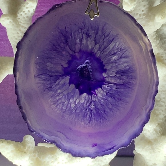 Handcrafted Purple Onyx Druzy Geode Agate Slice Necklace on Waxed Cotton Cord - Picture 3 of 14